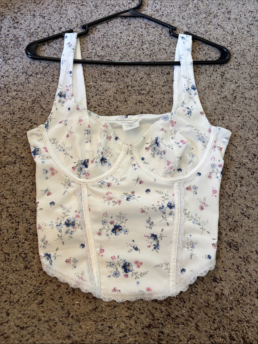 Floral Lace-Trim Bustier Tank Top in White with Blue & Pink Flowers